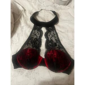 RARE! Frederick’s of Hollywood Red & Black Lace Halter Choker Collar Bra - 32